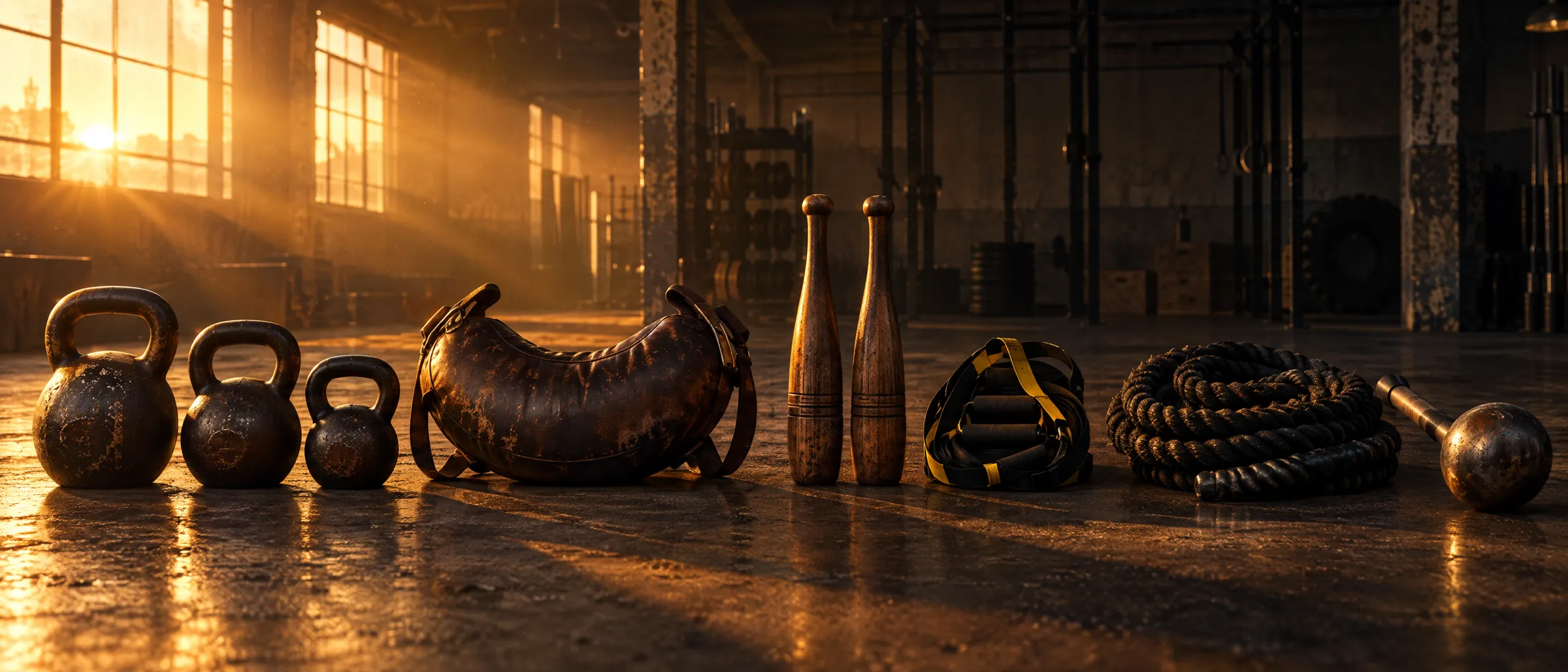 Kettlebells, bolsa búlgara, clubs, correas de suspensión, cuerda y mazo alineados en el piso de un gimnasio