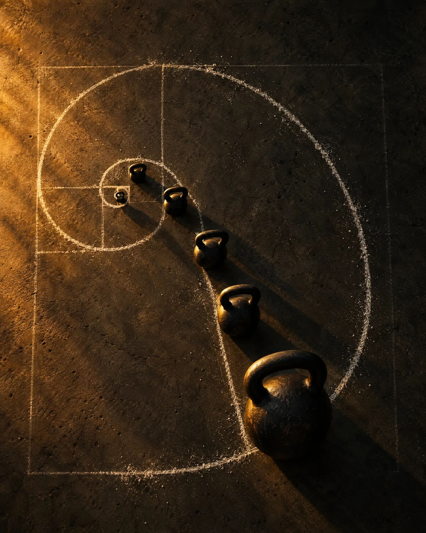 Kettlebells de tamaño creciente acomodadas sobre una espiral de Fibonacci dibujada con gis