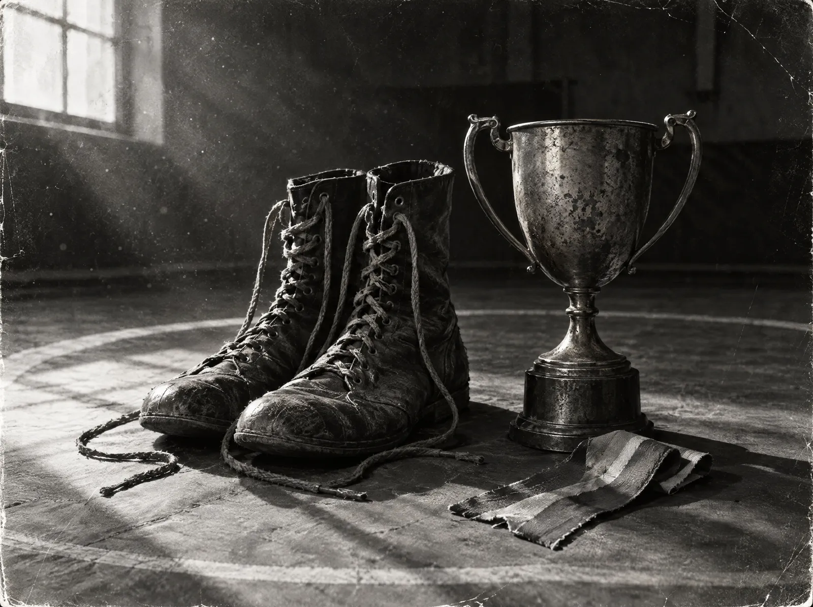 Botas de lucha antiguas junto a un trofeo sobre un tapete de lucha, en blanco y negro