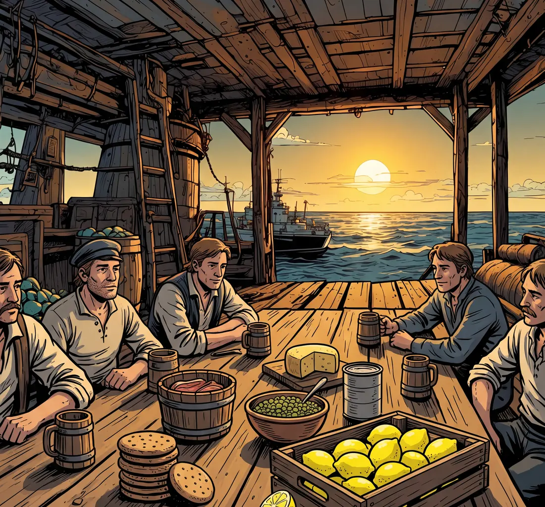 Marinos de la Royal Navy con galleta y una caja de limones