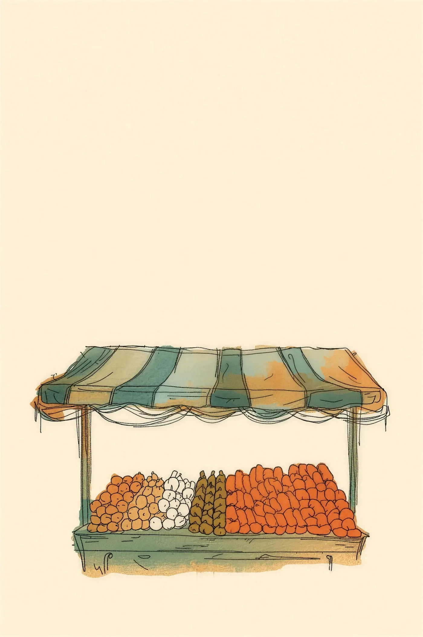 Acuarela de un puesto de mercado con frutas y verduras